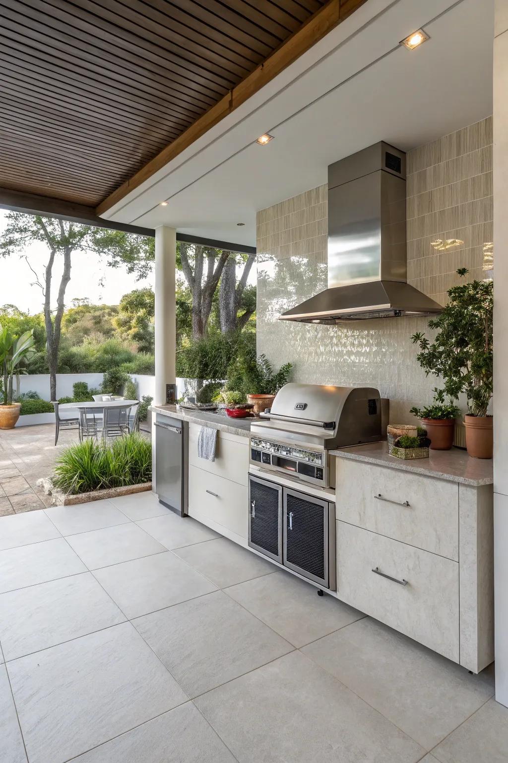 Sophisticated and modern outdoor kitchen with sleek tile design.
