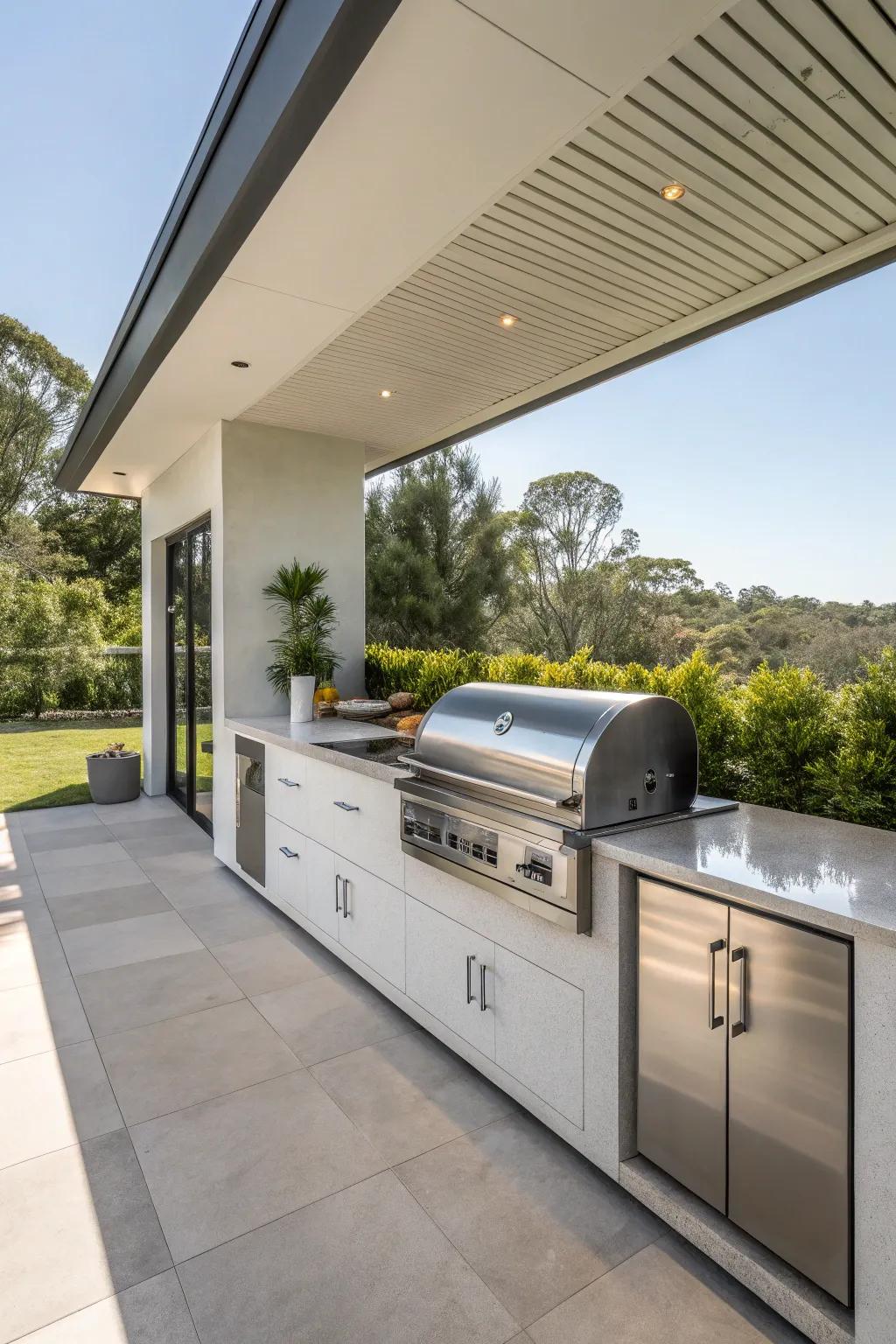 Sleek and modern outdoor kitchen with a stainless steel offset smoker.