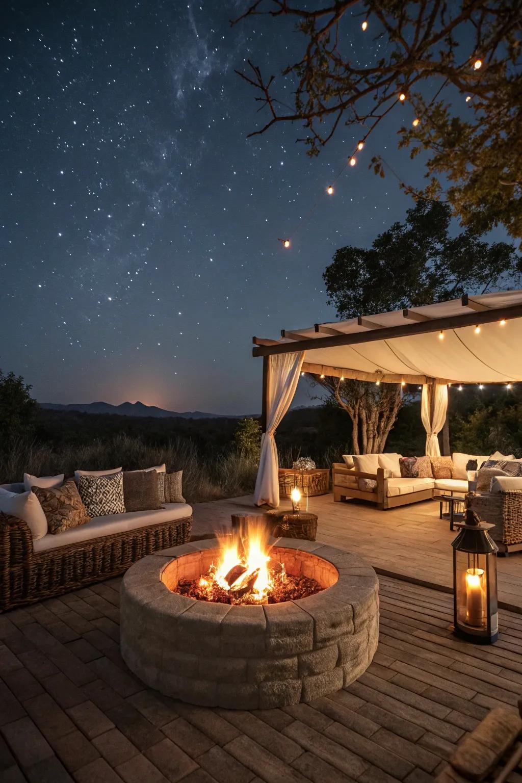 A fire pit creates a cozy and inviting outdoor gathering area.