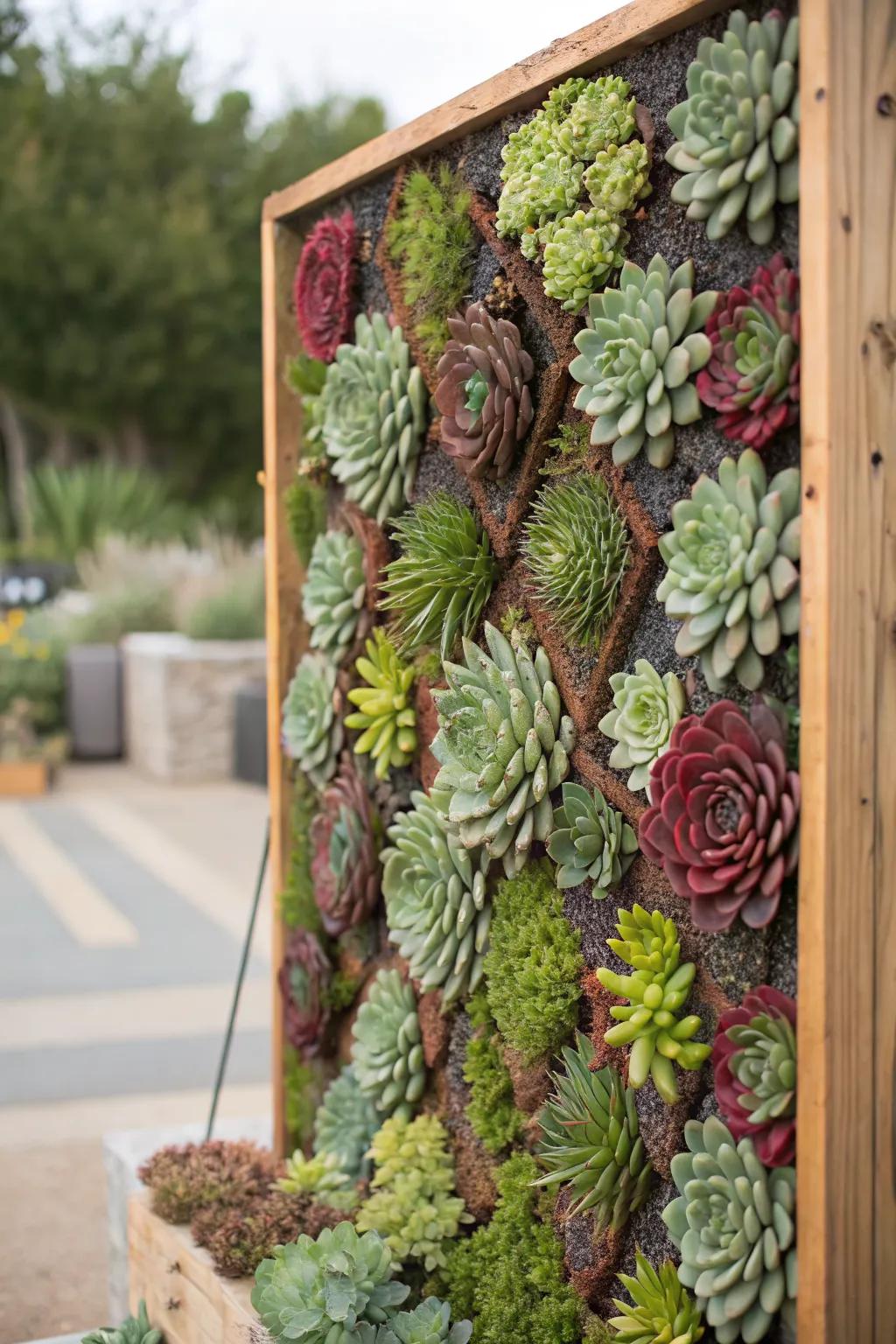 Succulents arranged in a geometric pattern offer a unique twist on living walls.