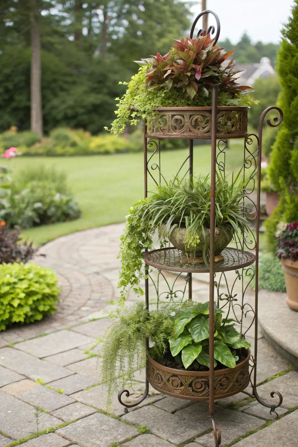Sophisticated elegance with the tri-level bronze plant stand.