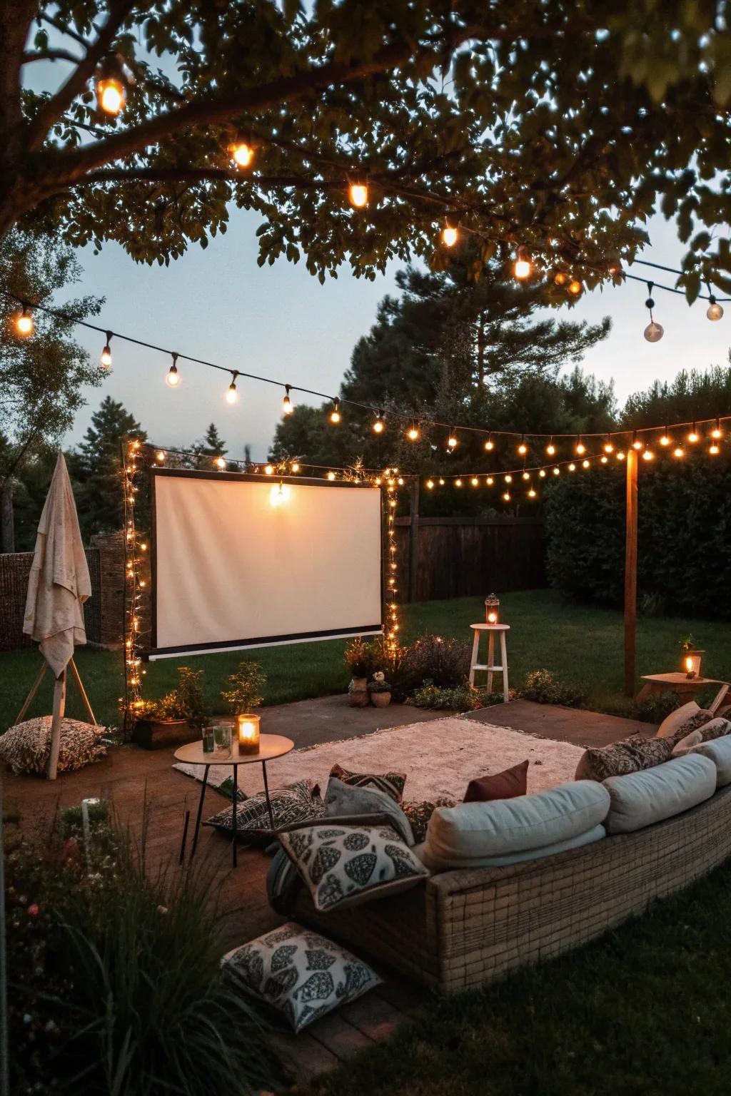 Fairy lights add a touch of magic to any outdoor movie setting.
