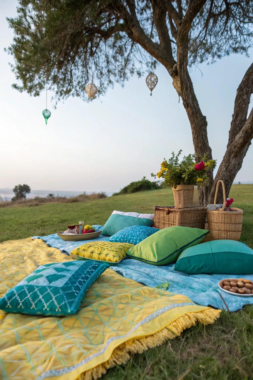 A relaxed picnic-style setup with cozy blankets and cushions.