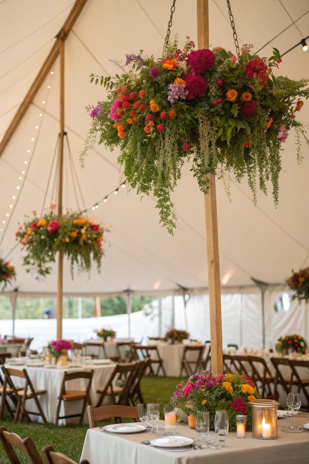 Floral arrangements bring natural beauty and color to your party tent.