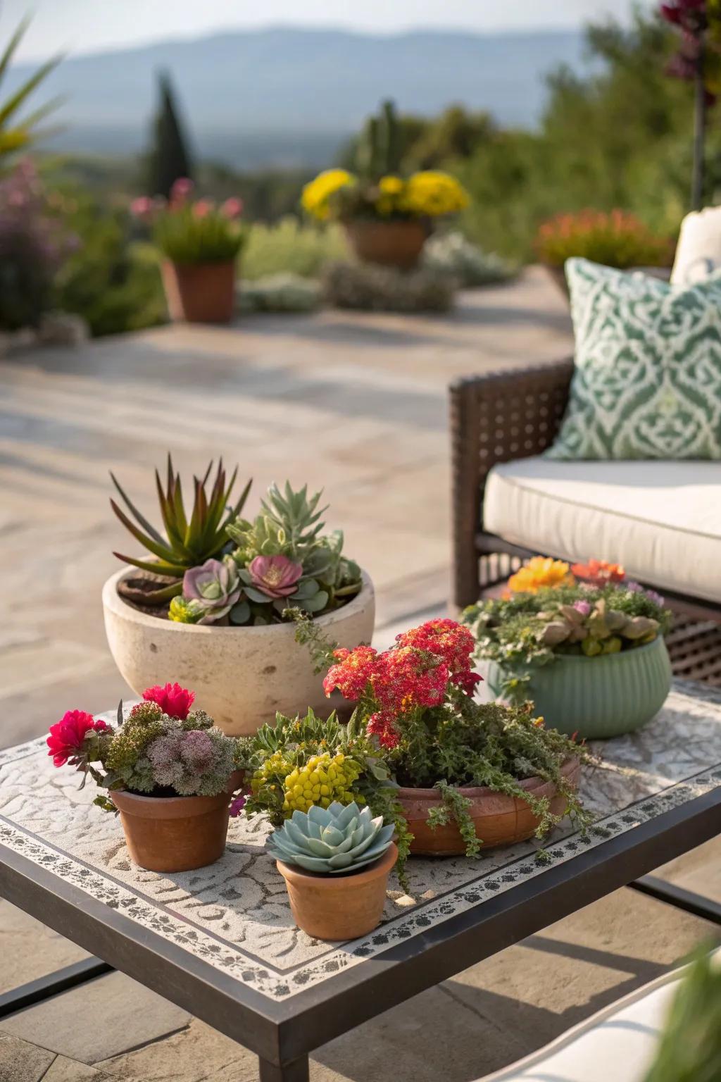 Succulents and flowers add a vibrant touch to any table.