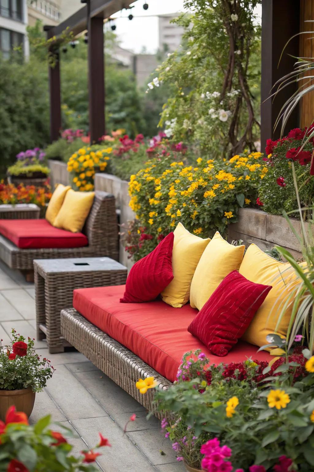 Brighten your patio with a lively mix of red and yellow accents.