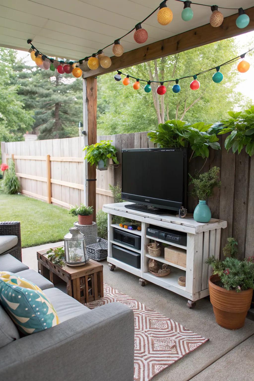 Get creative with a DIY pallet TV stand on your patio.