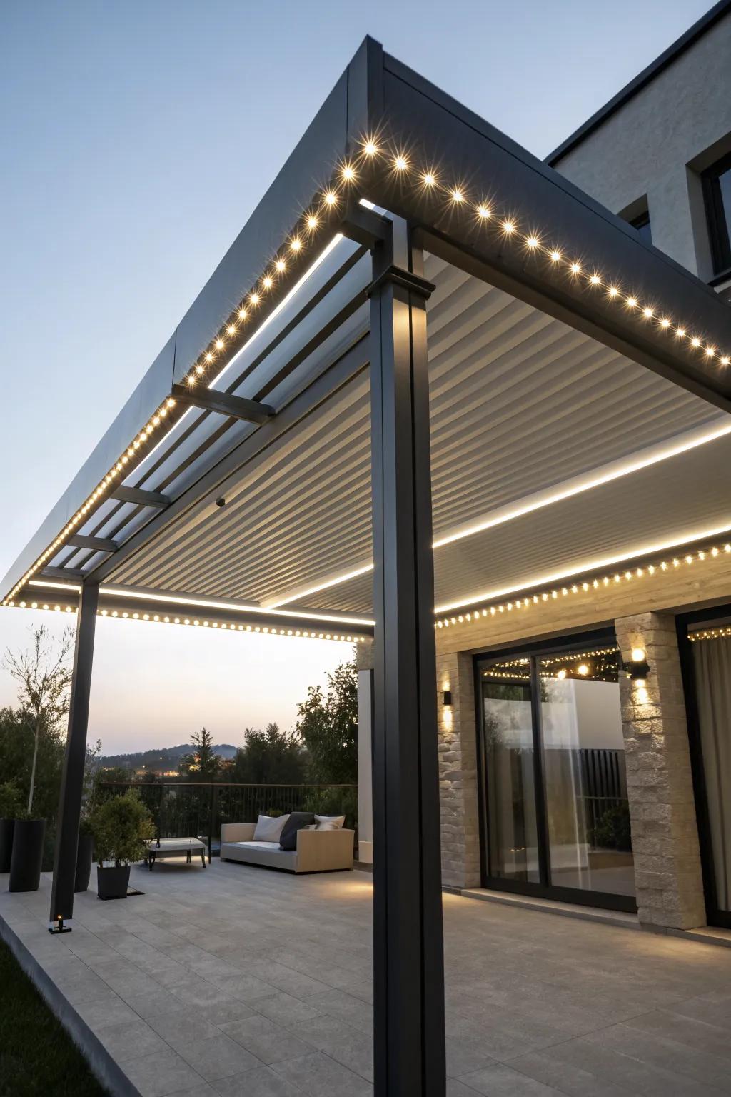 LED strip lights offer a sleek, modern appeal to pergolas.