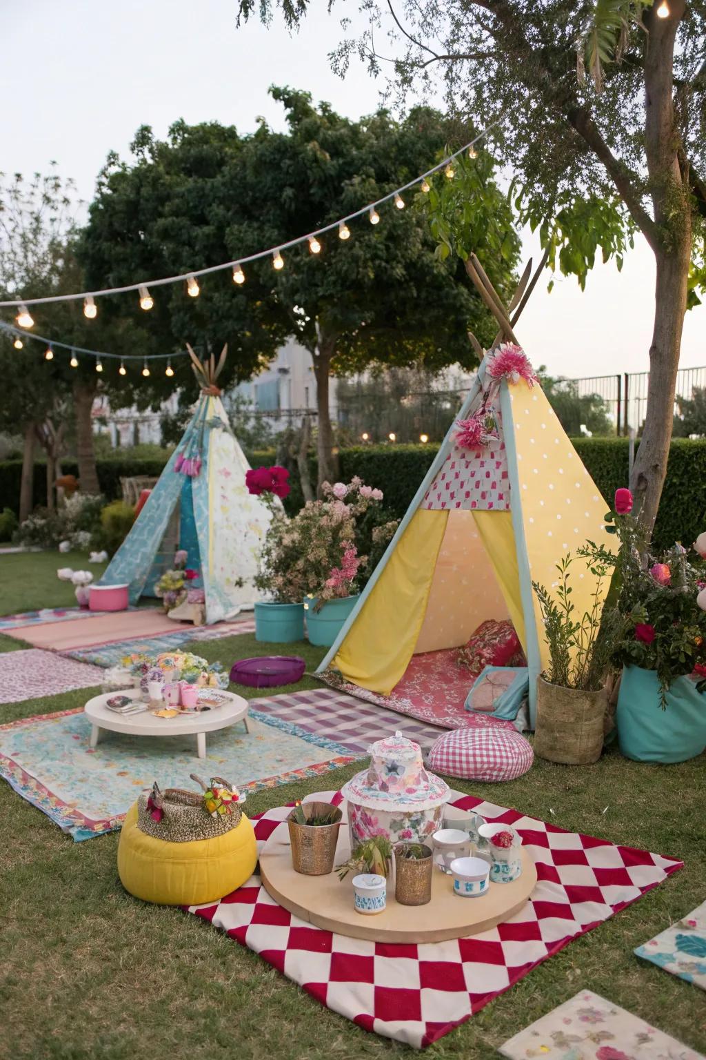 Whimsical themed decor with teepees at an outdoor picnic