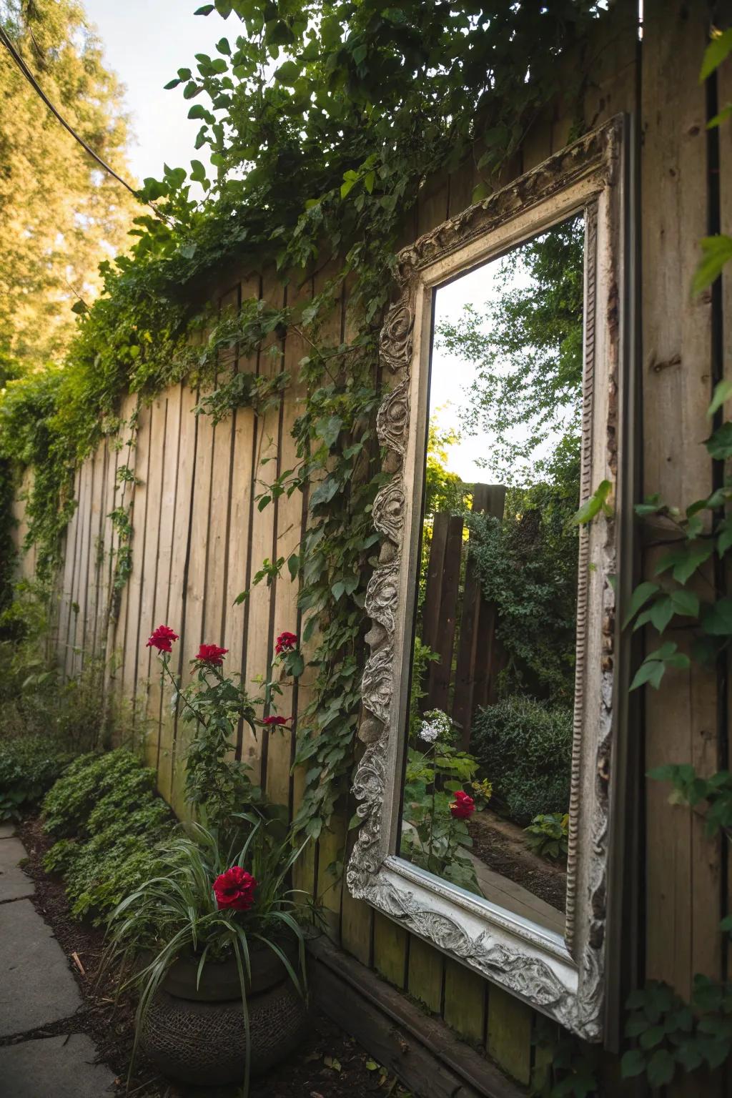 Mirrors in frames expand your garden's visual appeal.