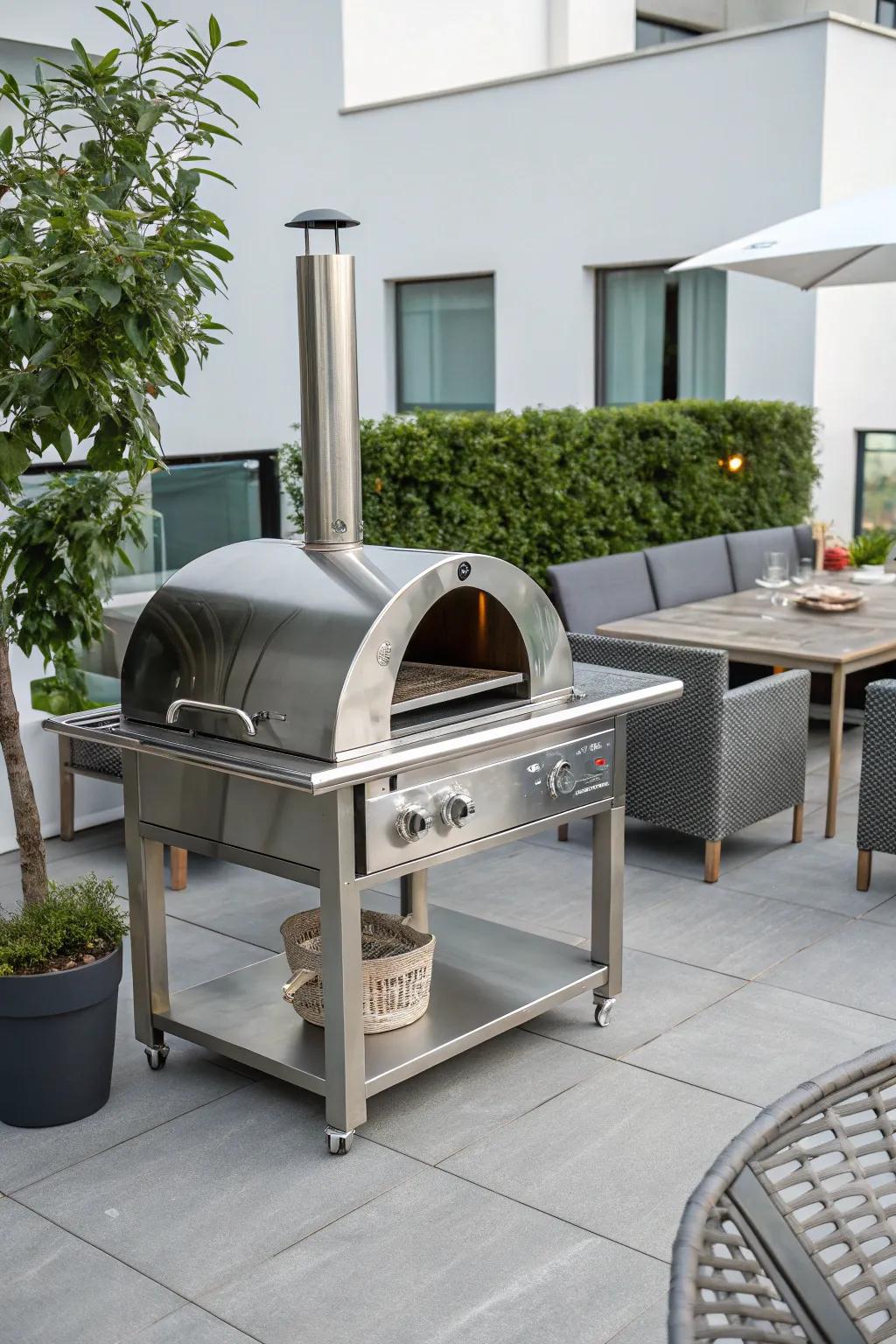 Stainless steel offers a sleek, modern touch to outdoor pizza making.