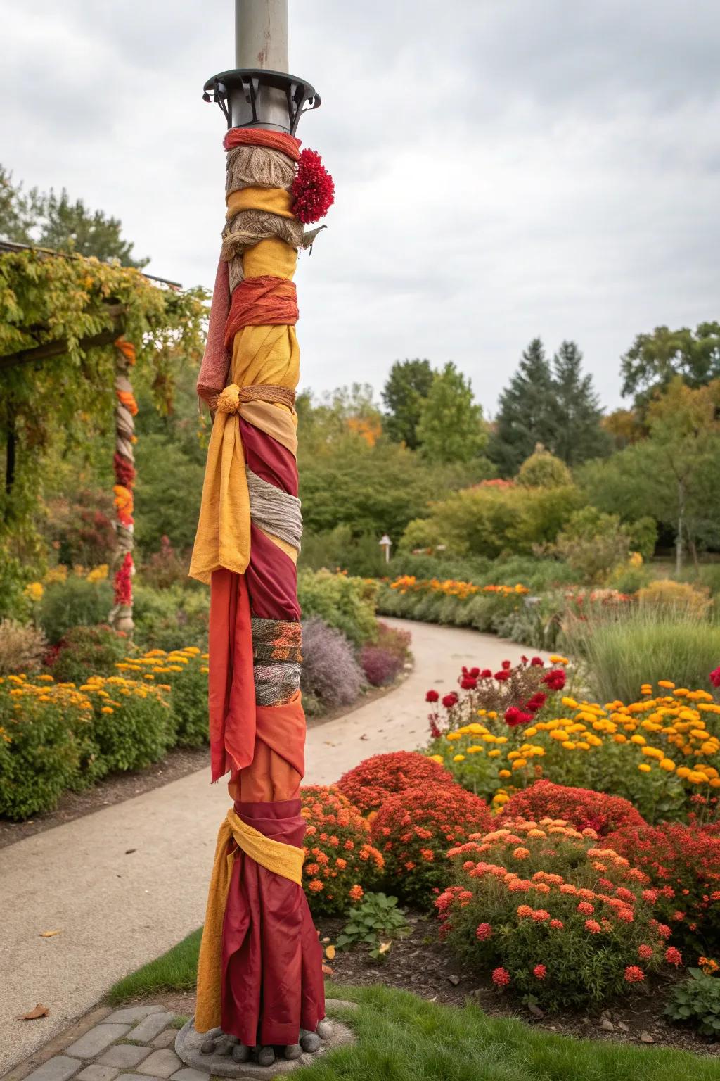 Seasonal fabric wraps add a touch of festivity to outdoor poles.