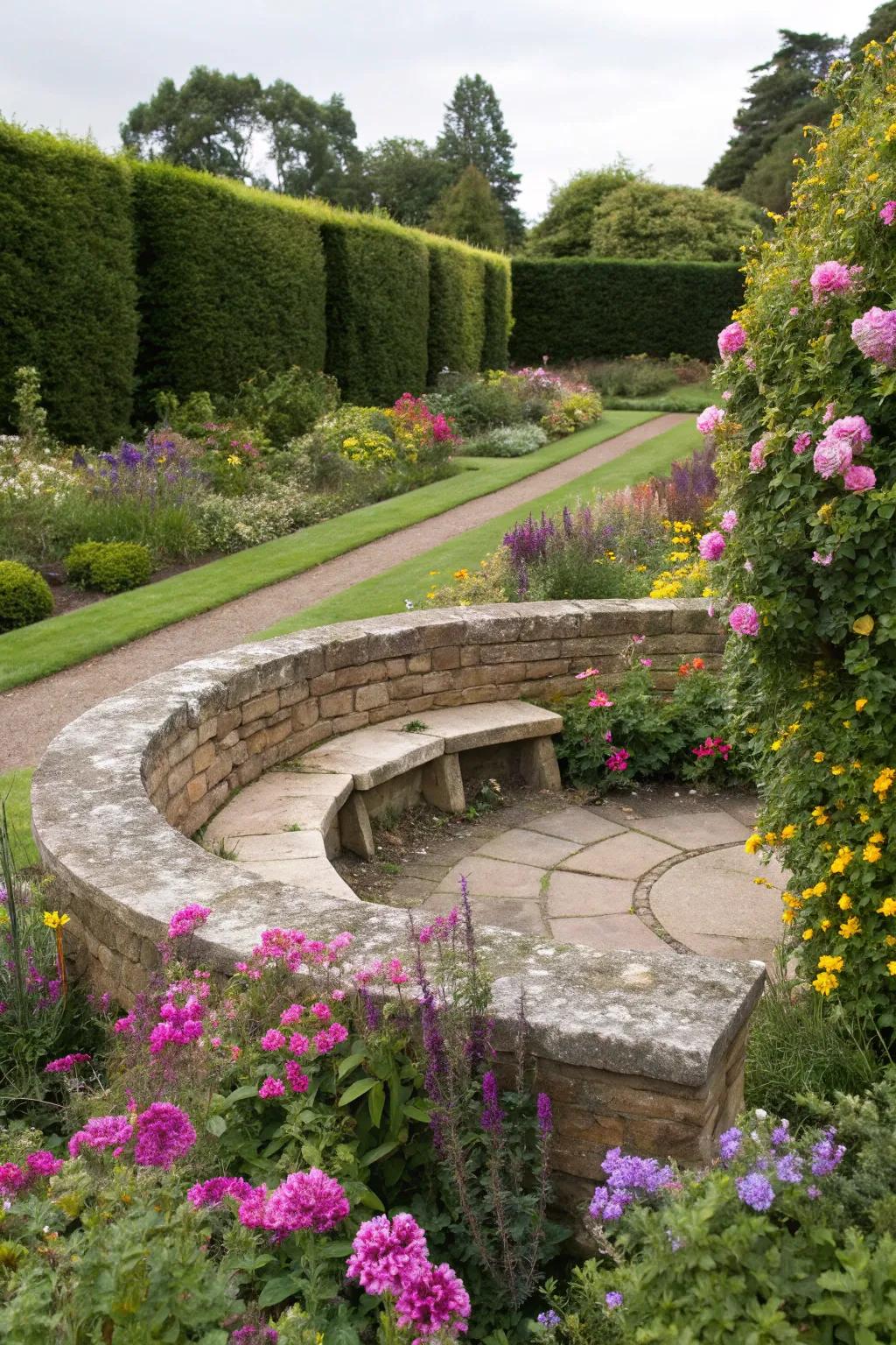 Curved pony walls add elegance and extra seating.