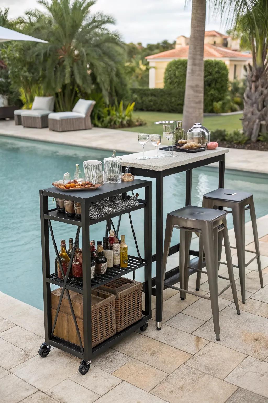 A portable bar cart offers flexibility and style without breaking the bank.