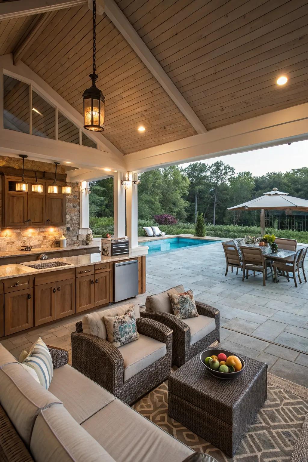 A functional pool house with a kitchenette and seating area for entertaining.