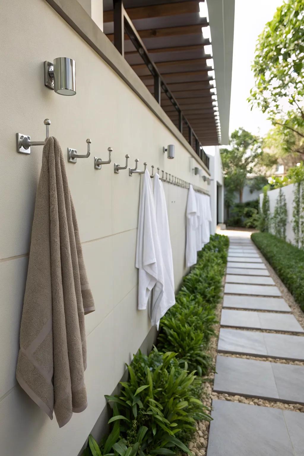 Wall-mounted hooks provide a clean and efficient way to organize towels.