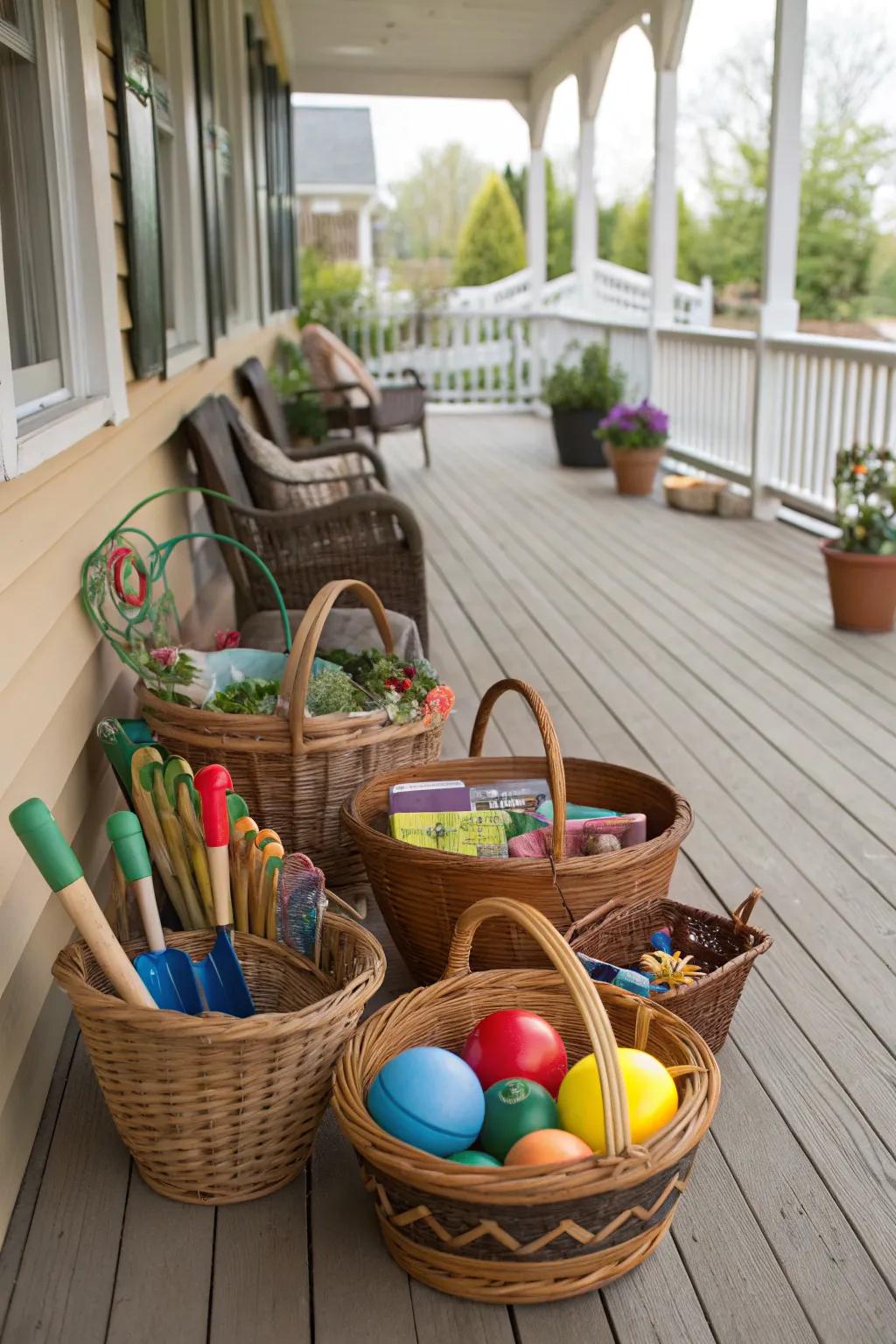 Decorative baskets add both style and function to your porch.