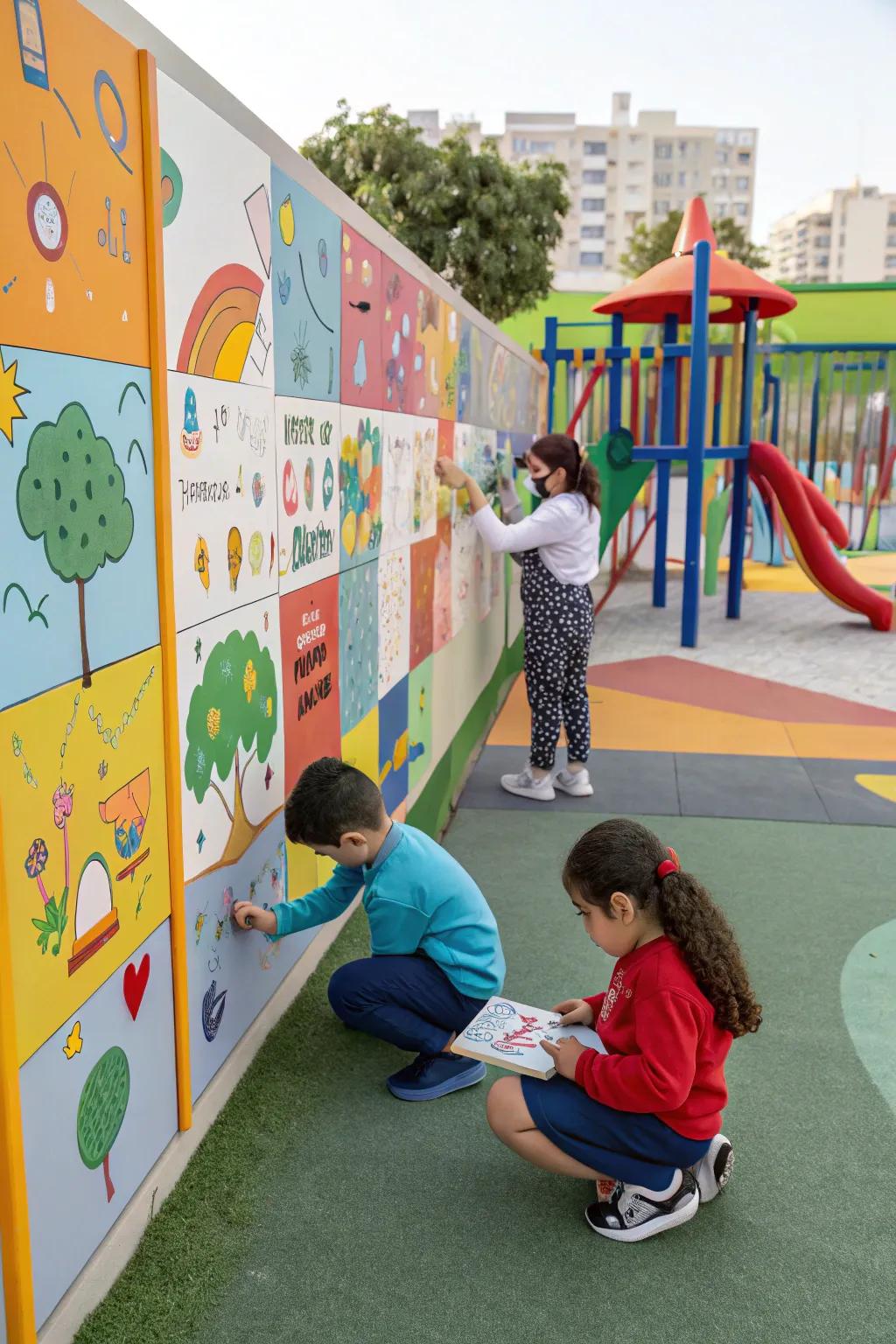 Interactive wall panels with puzzles and art stations for creative play.