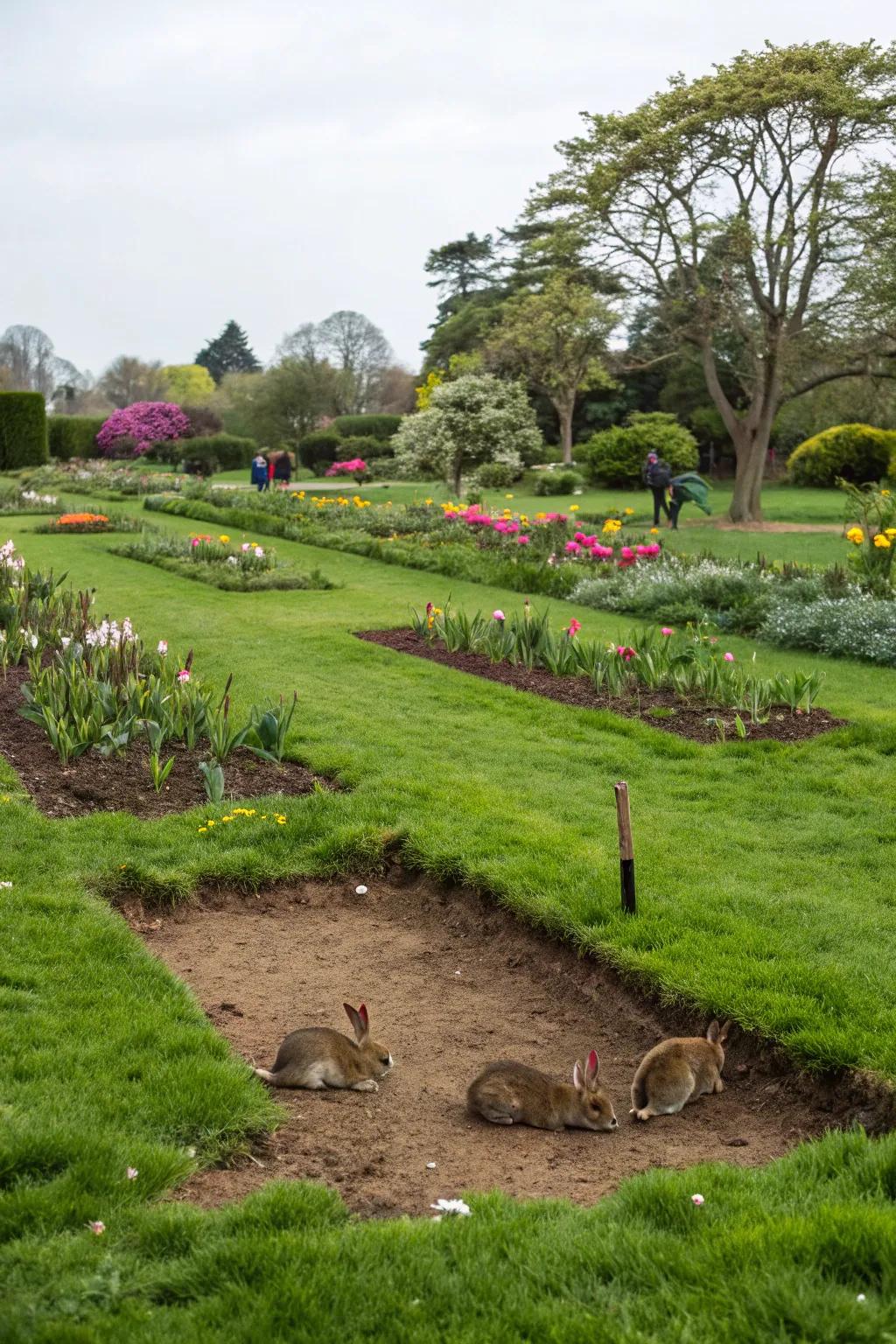A vibrant rabbit play area with grass and soil for natural exploration.