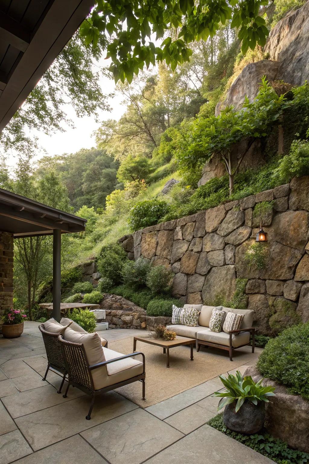 Rock walls make patios feel intimate and welcoming.