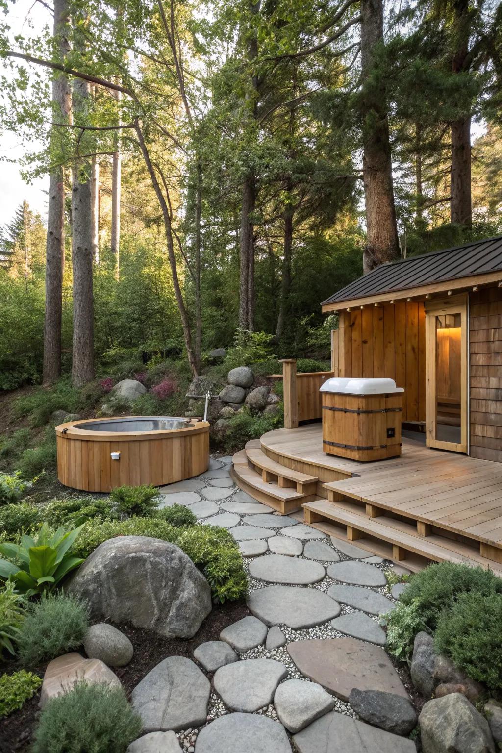 Integrate natural elements to seamlessly blend your sauna and hot tub with the surroundings.