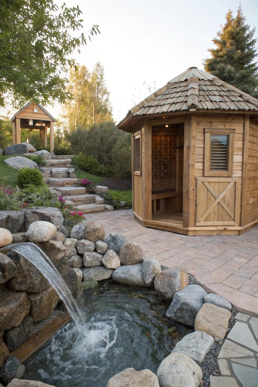 A water feature adds tranquility and charm to any sauna setting.