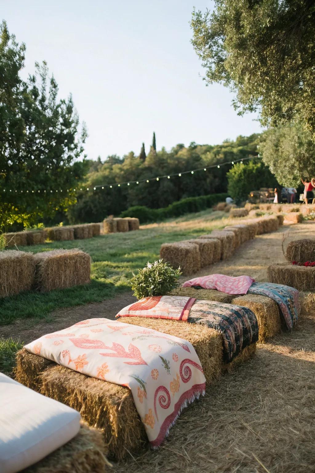 Add a rustic touch with hay bale seating covered in soft blankets.