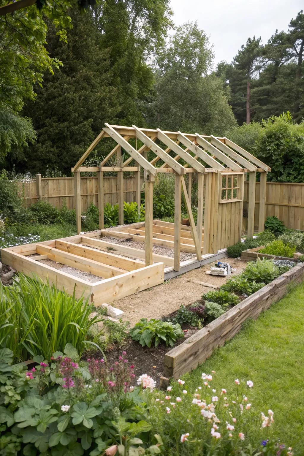 Wooden framing provides a sturdy foundation for shed flooring