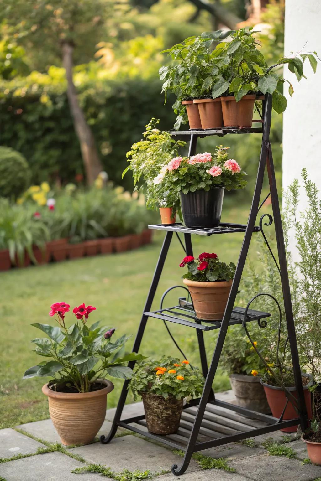 Freestanding plant stands add dynamic visual interest to gardens.
