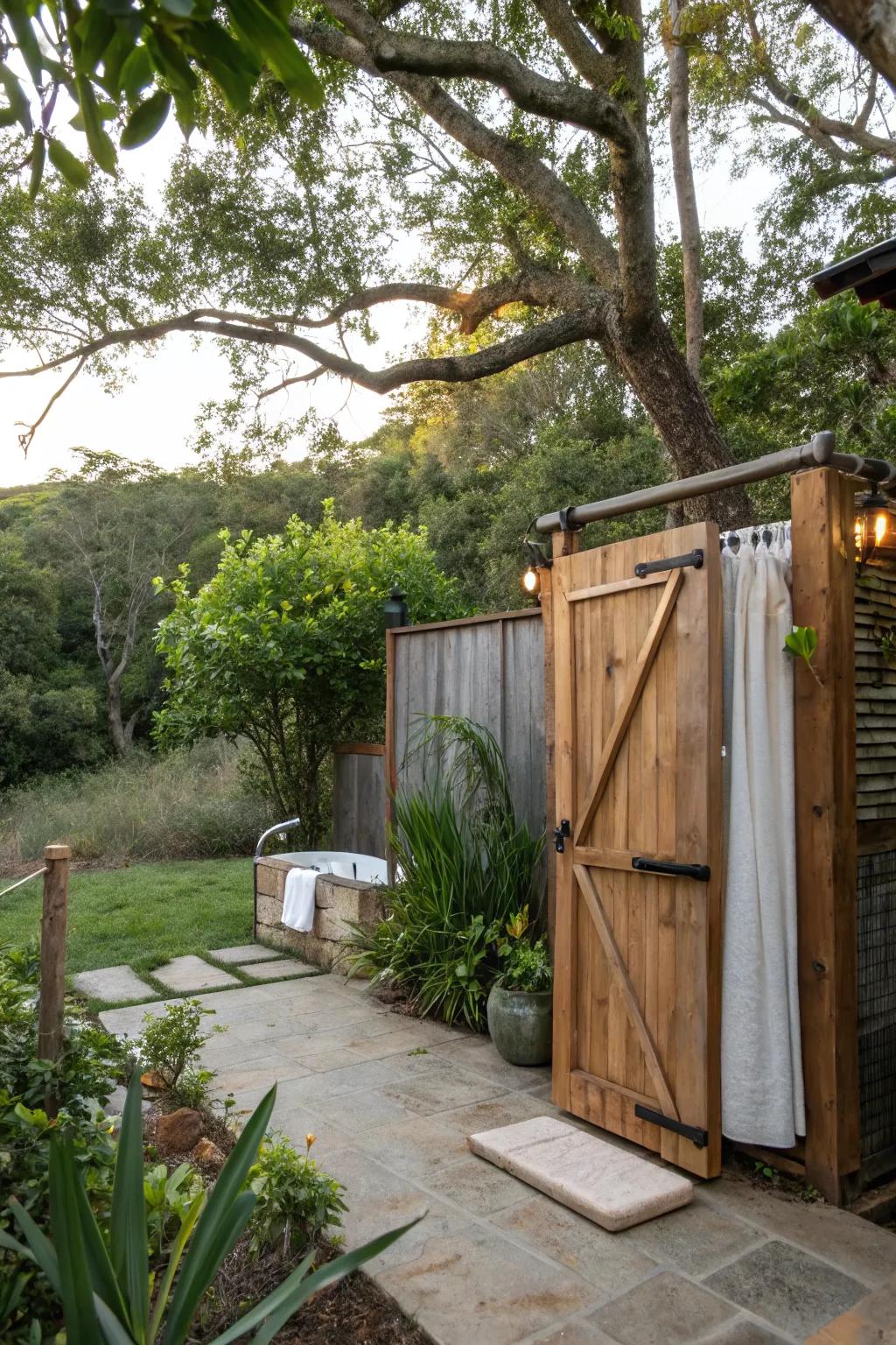 An outdoor shower with a charming sliding barn door, adding rustic elegance to the setting.