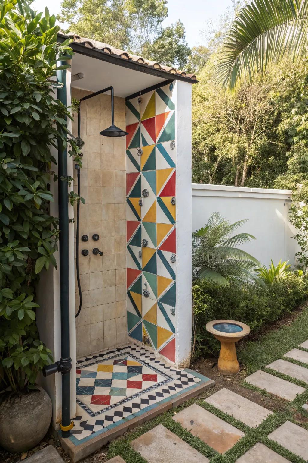 A modern outdoor shower featuring bold geometric tile patterns.