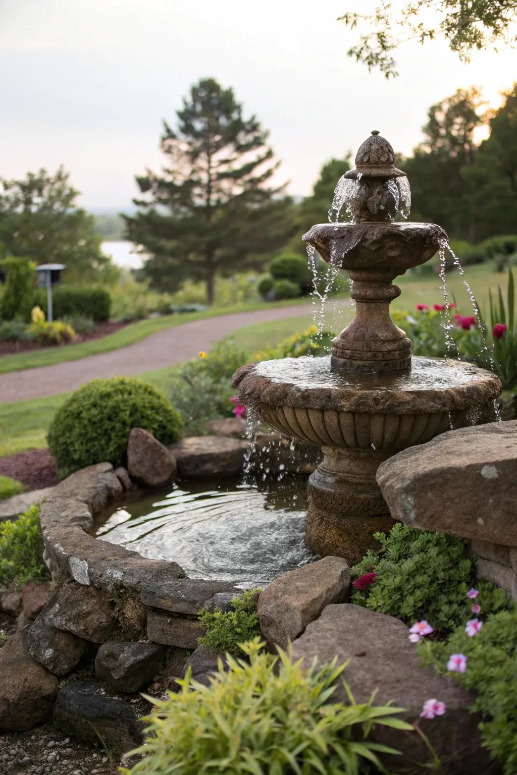 A small fountain adds soothing sounds to your outdoor shrine