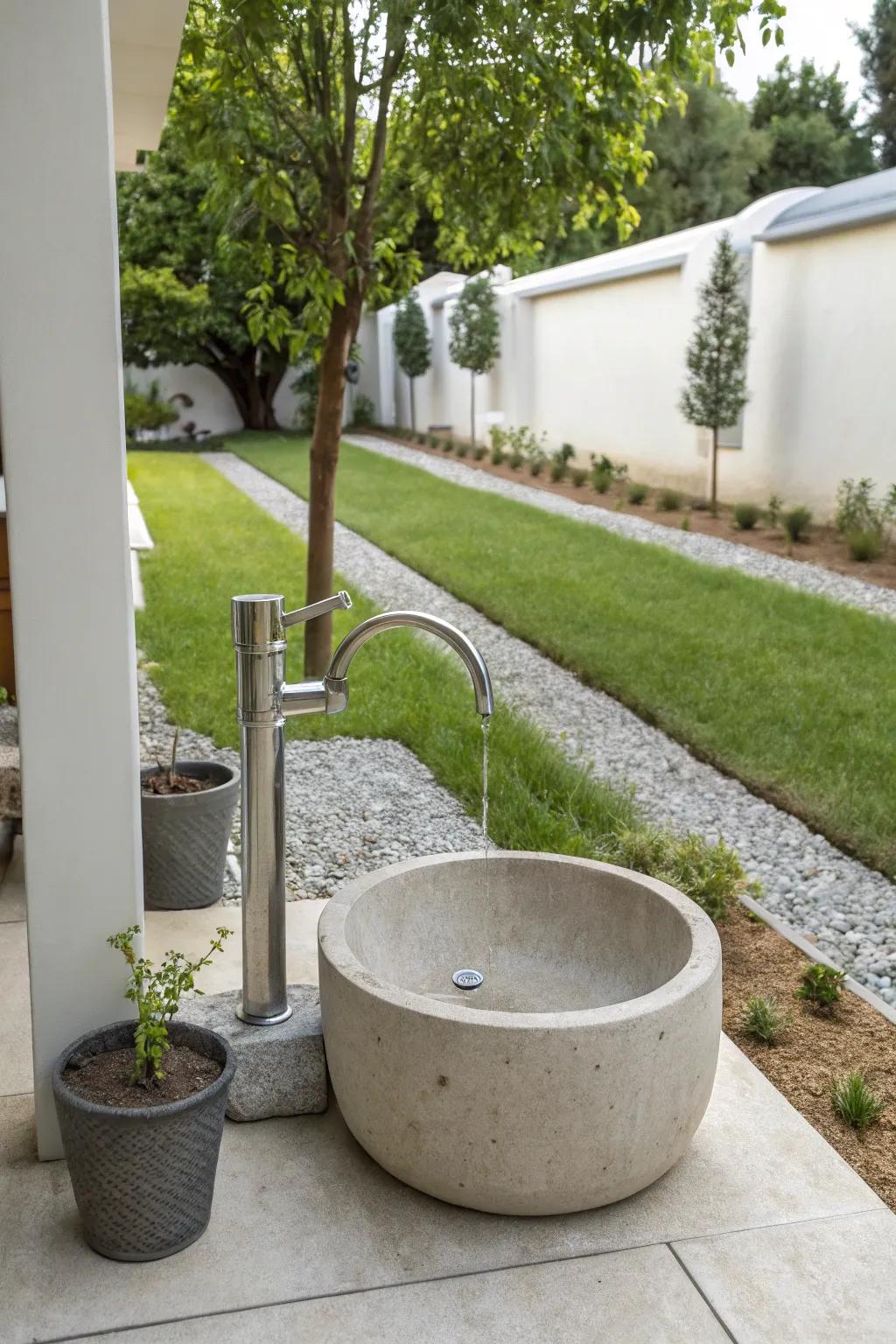 A minimalist outdoor sink with a sleek design in a modern setting.