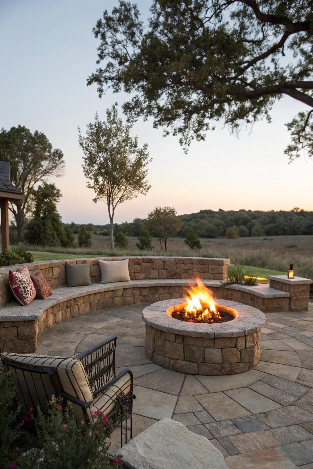 A warm gathering spot featuring a central fire pit.