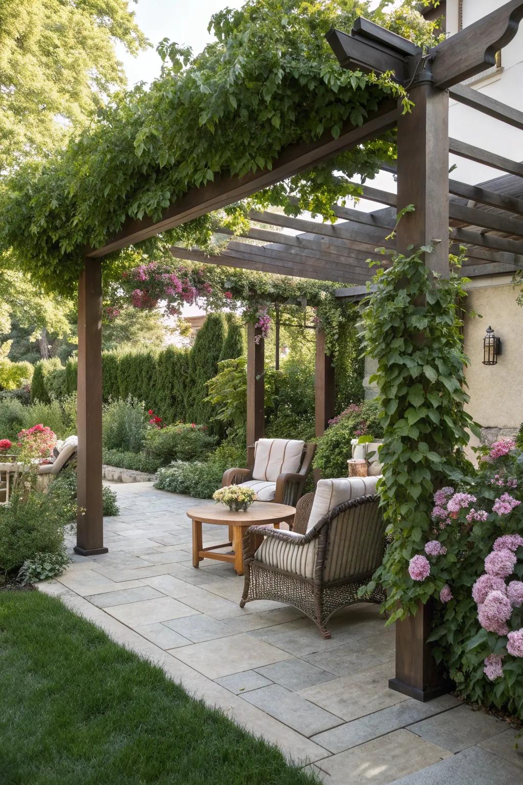 A stylish pergola providing shade over a cozy outdoor seating area.