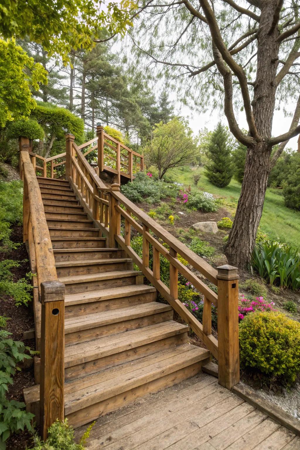 Wooden railings provide a rustic touch that harmonizes with nature.