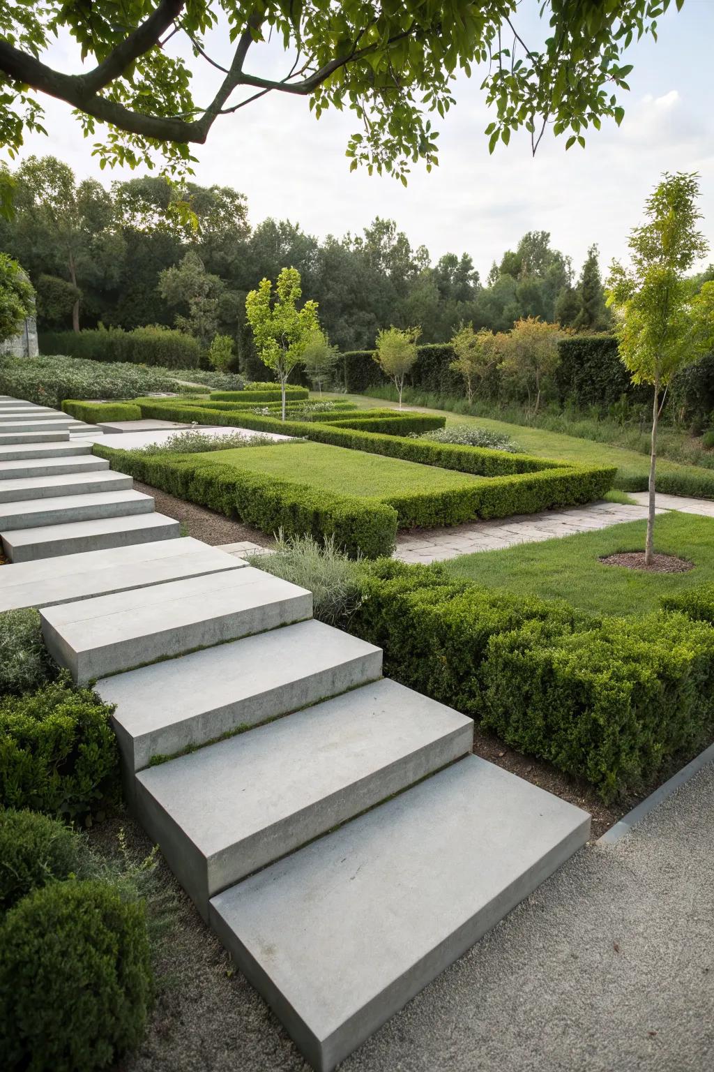 Floating concrete steps that offer a sleek and modern garden pathway.