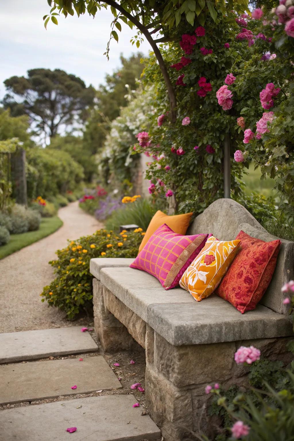 Vibrant cushions adding comfort and style to a stone bench.