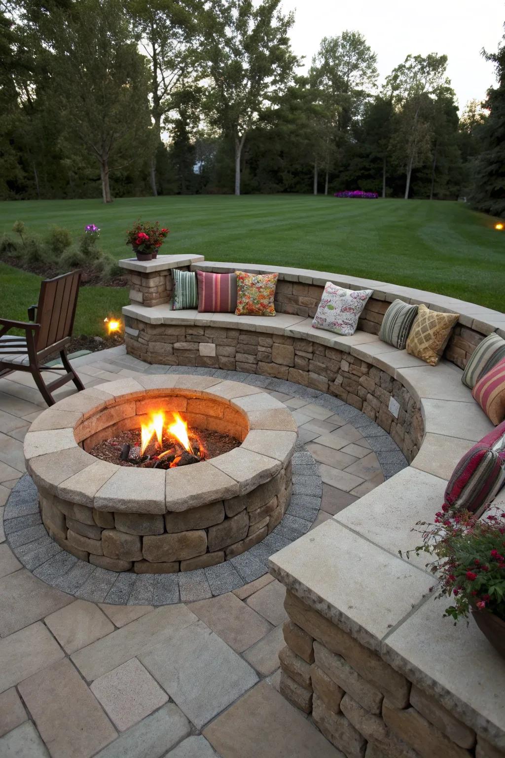 A stone fire pit with built-in seating, perfect for intimate gatherings.