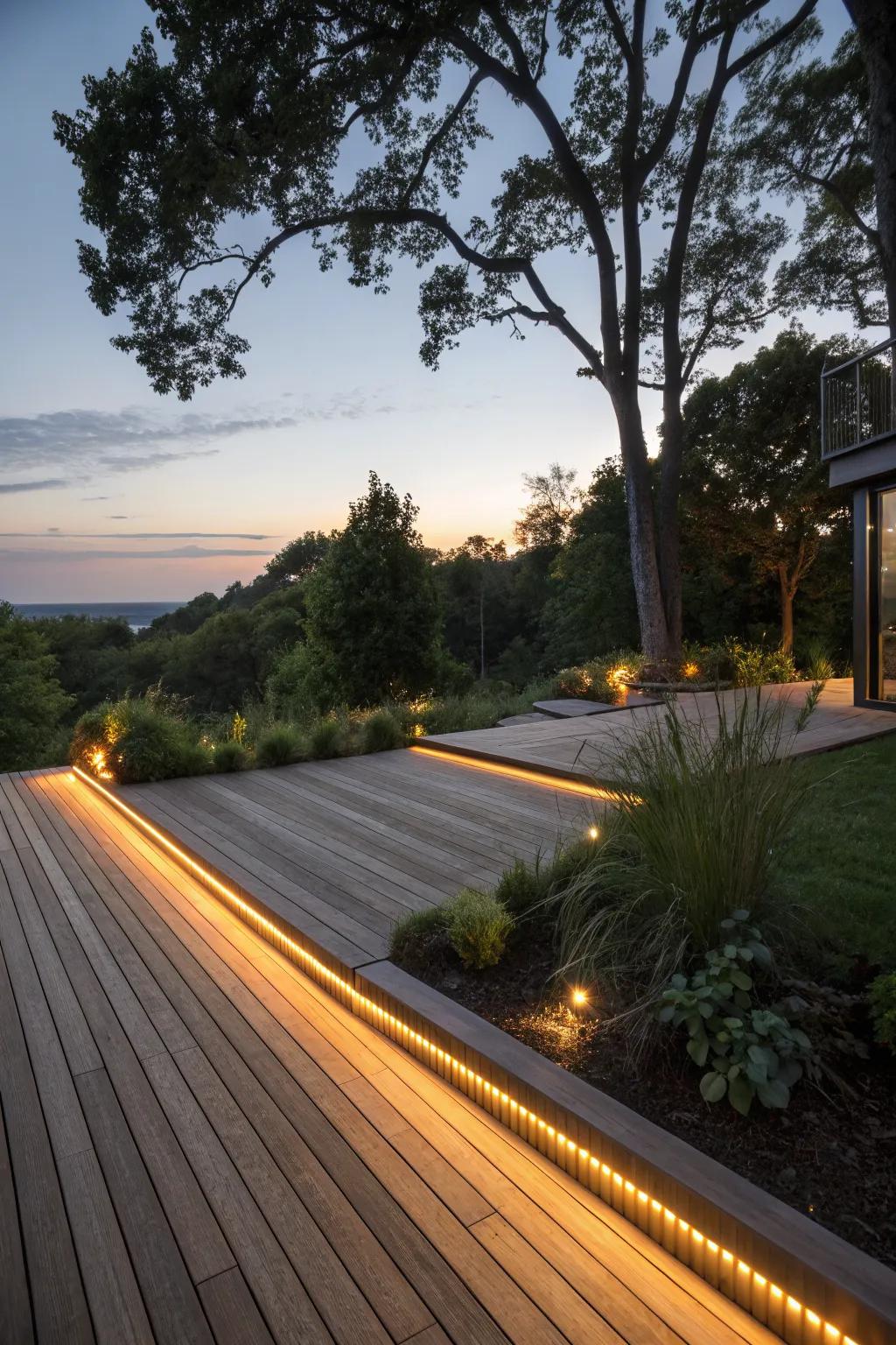 Deck strip lighting creates a welcoming outdoor living space.