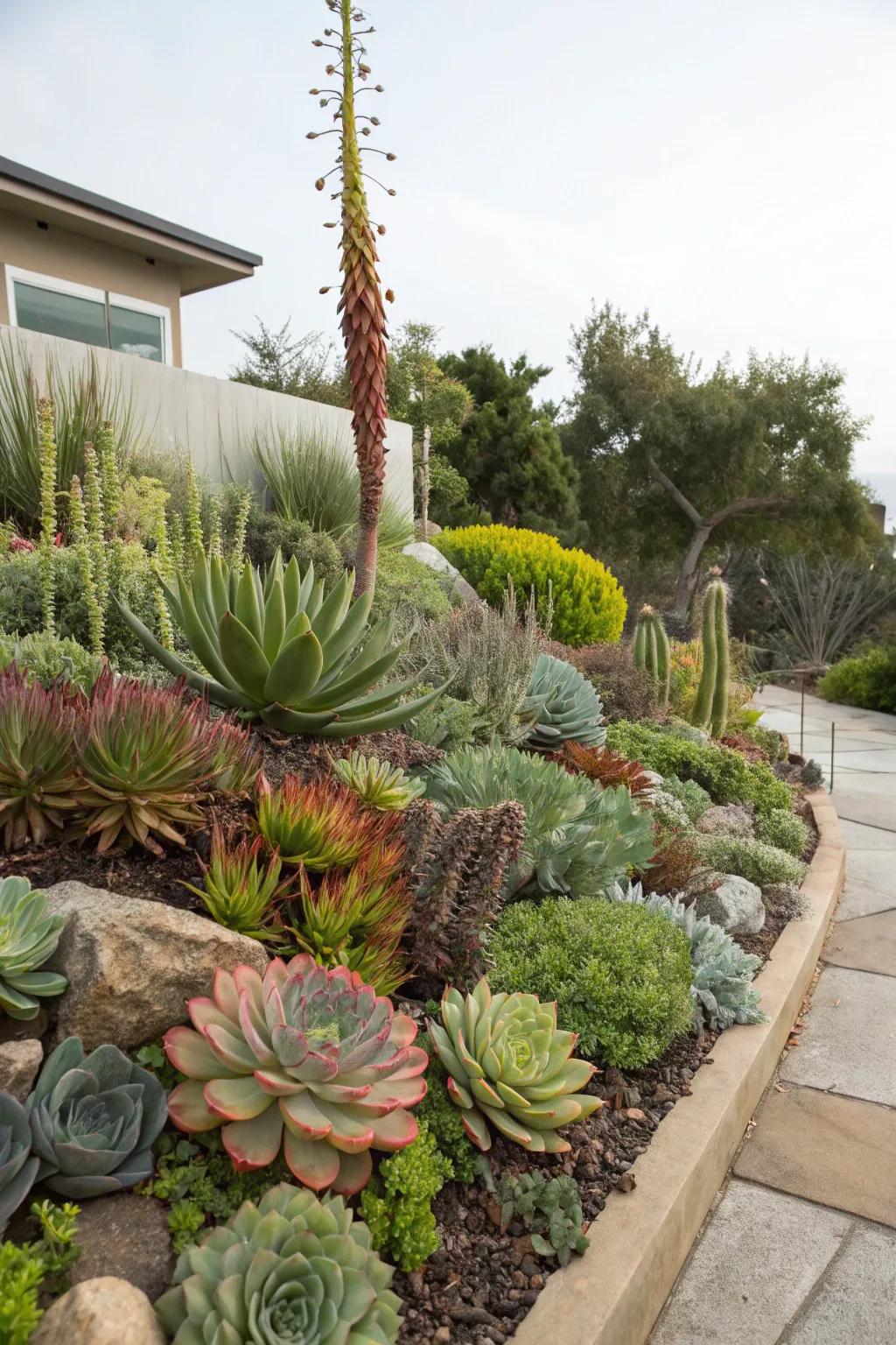 Layered textures in a succulent garden create depth and interest.