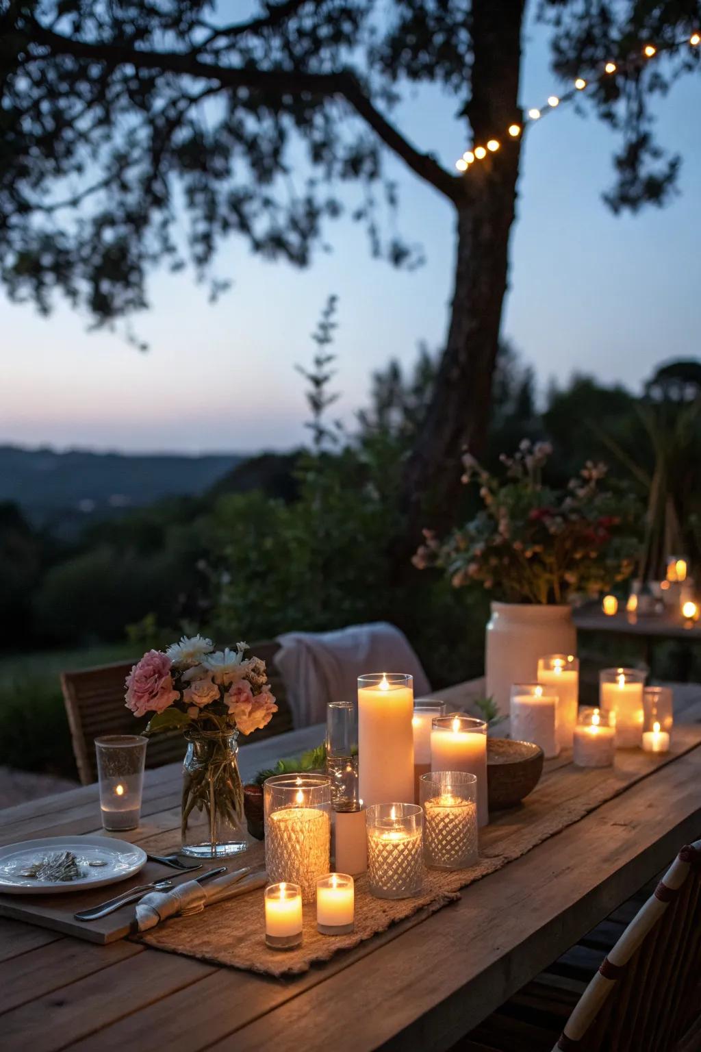 Candles clustered together bring an intimate touch to outdoor dining.