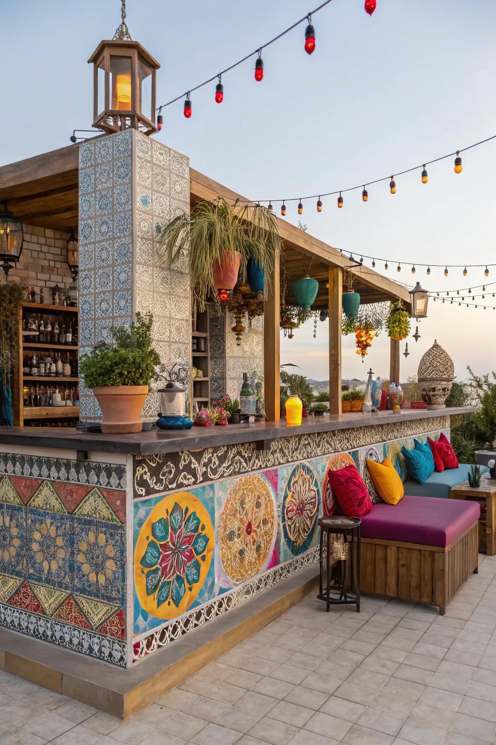 A stunning mosaic tile bar top perfect for outdoor gatherings