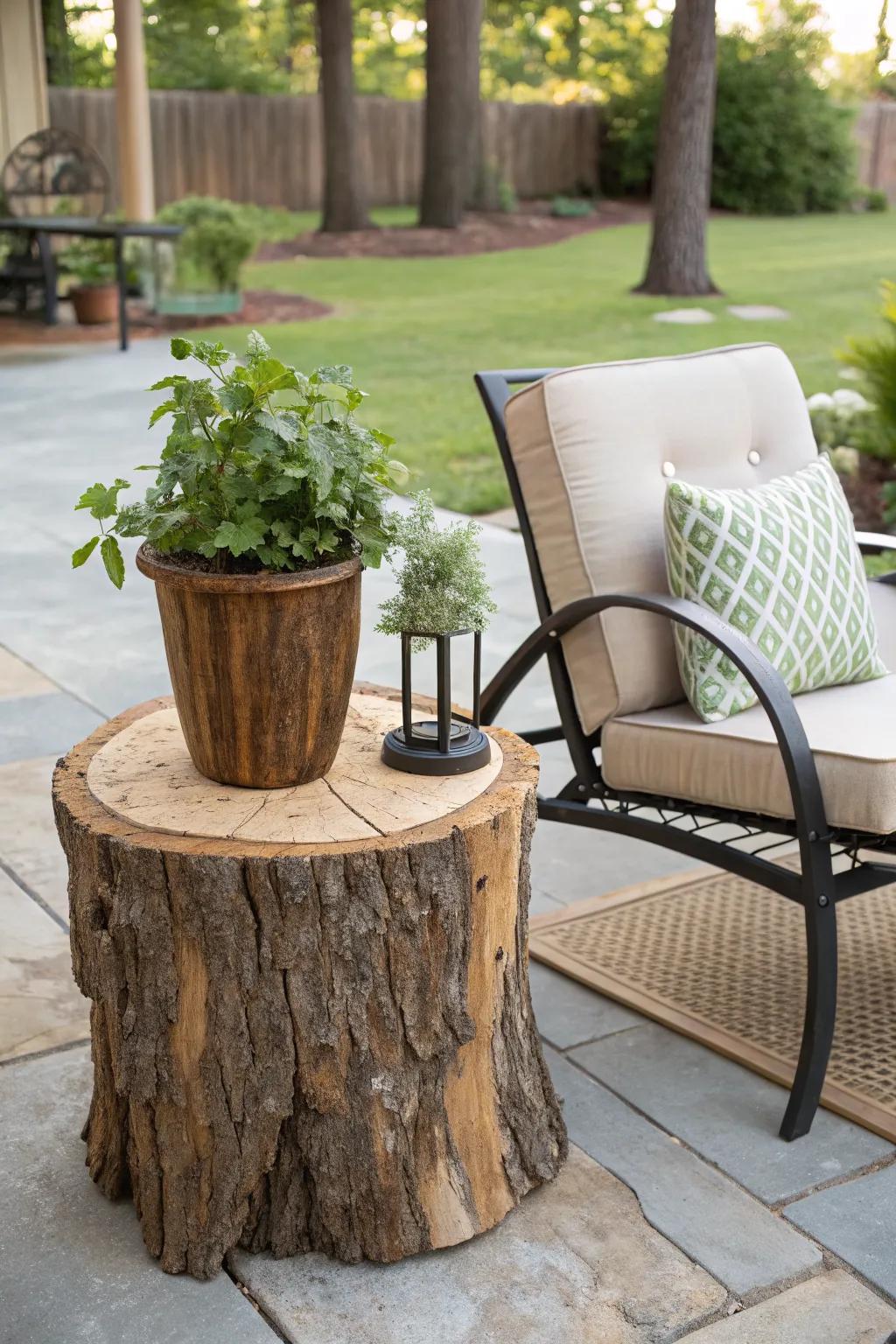 A cozy side table made from a tree stump, ideal for patios.