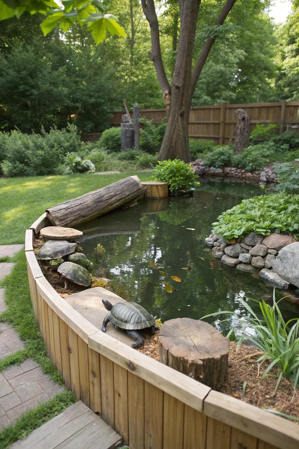 A wooden border elegantly frames the turtle pond.