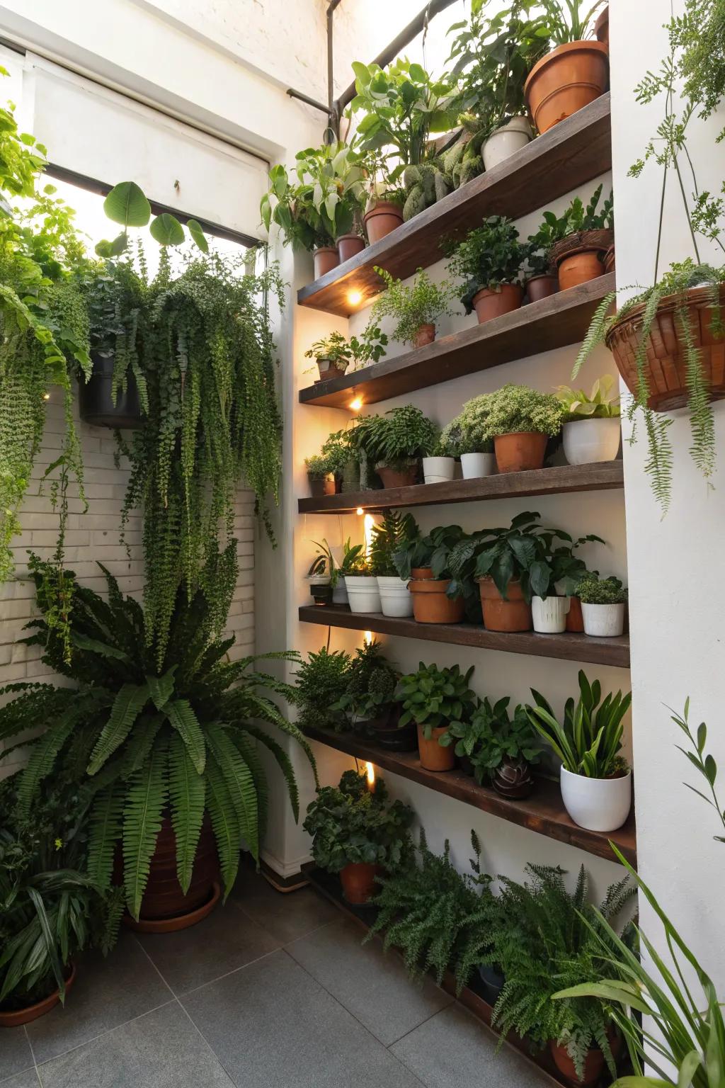 Corner shelves utilize space efficiently for plant displays.