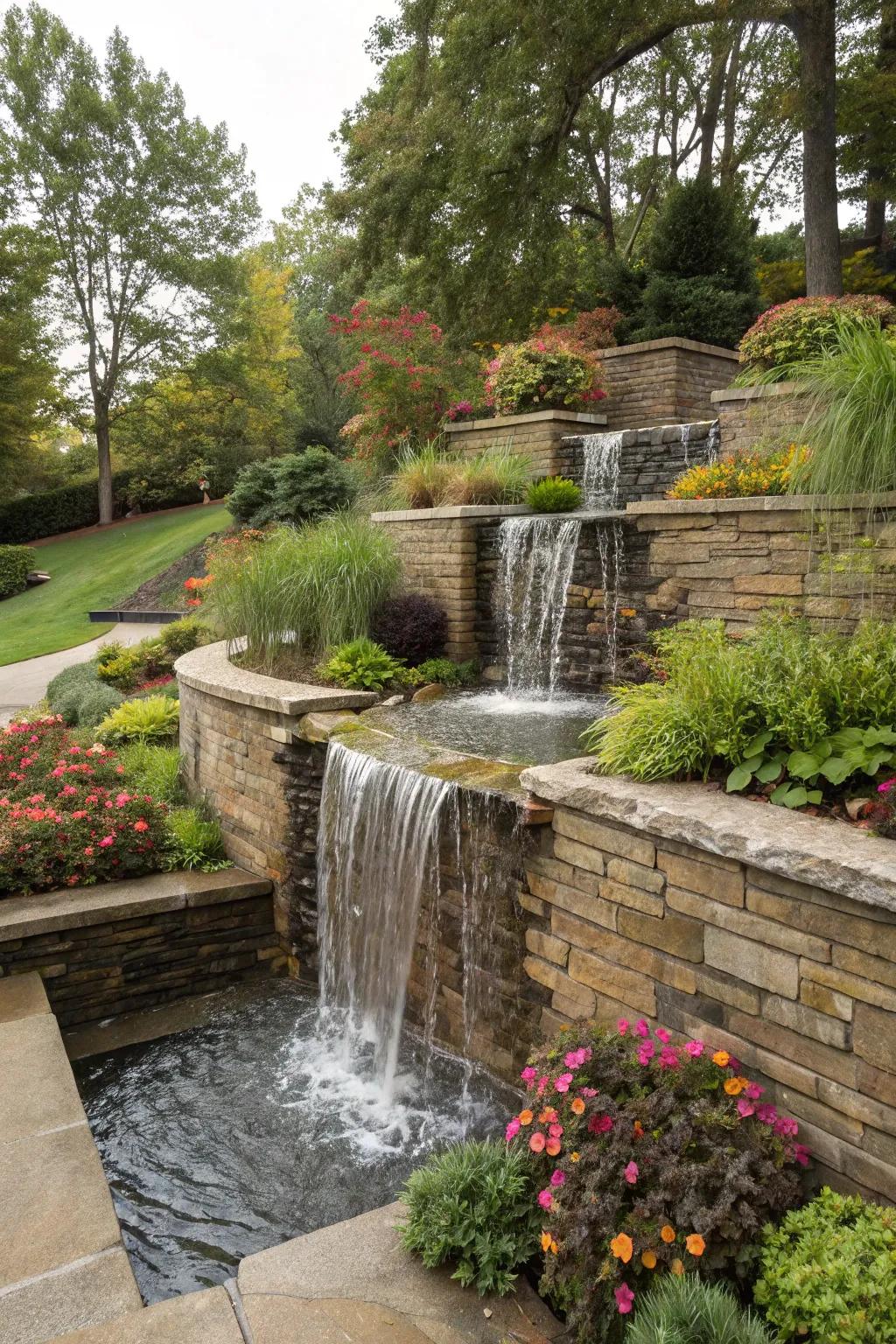 A tiered waterfall adds depth and intrigue to your garden design.