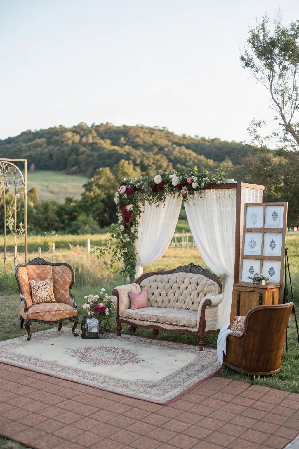 Vintage furniture creates a cozy and stylish photo booth setting.