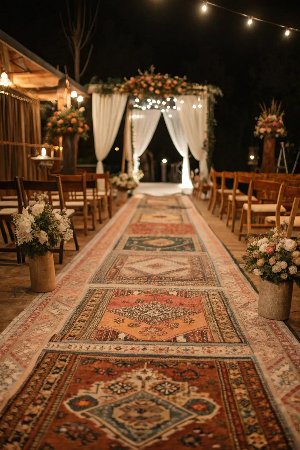 A bohemian wedding aisle with vintage rugs