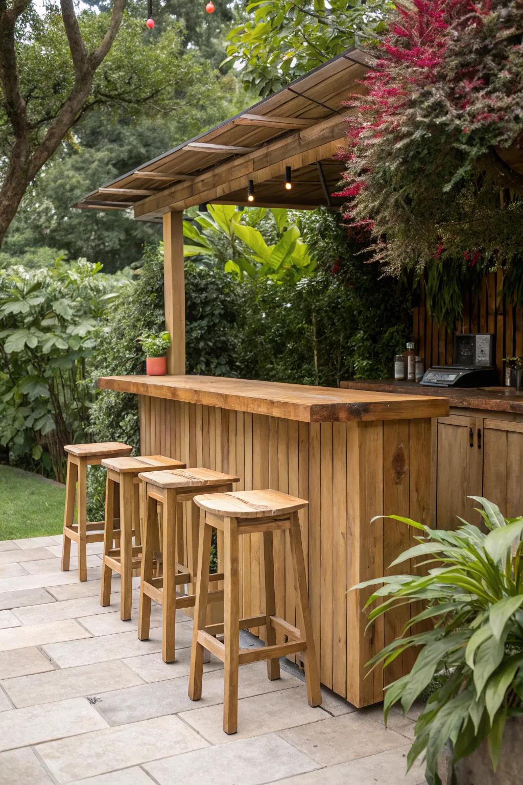 An inviting wood bar with integrated seating, perfect for gatherings.